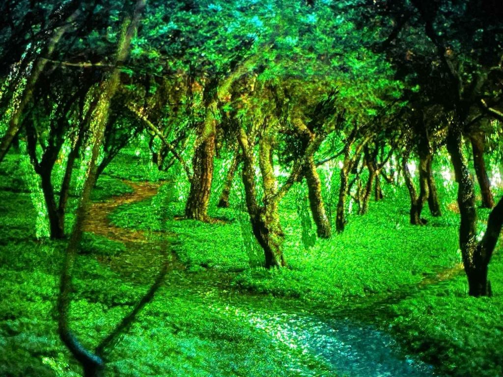 Projected analog slide of Philopappos grove on an engraved steel relief—two forest paths shimmering in shifting highlights.