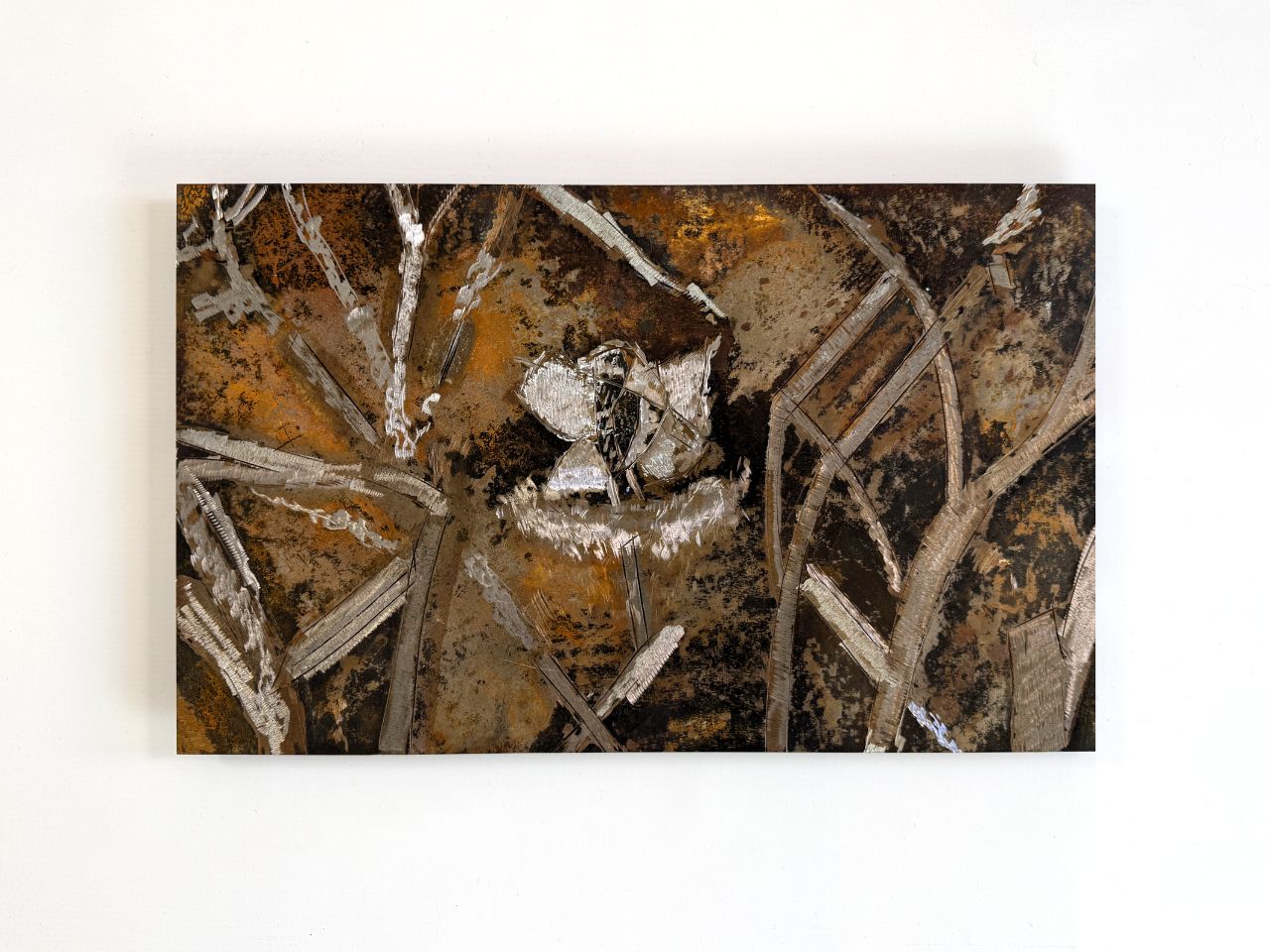 Steel bas-relief Flight Preparation: Relief & Patina (2024) by Alexander Maß, engraved freehand on raw black steel with rust patina.